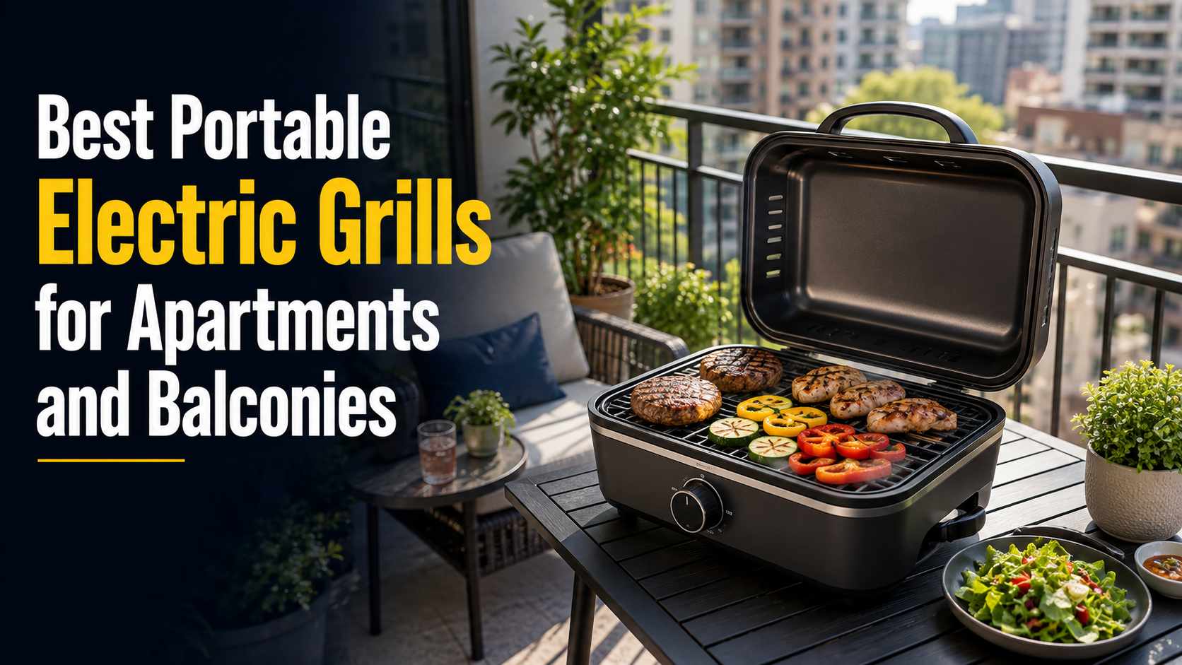 Best portable electric grills for apartments and balconies with a compact electric grill cooking food on a modern apartment balcony