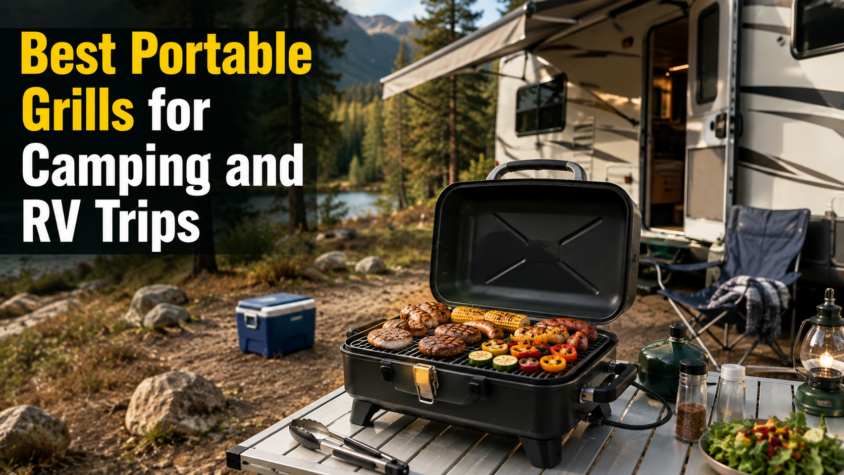 Best portable grills for camping and RV trips with a portable grill cooking food at a scenic campsite beside an RV